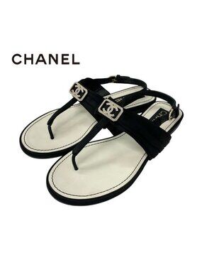 Chanel Sandals Shoes Satin Black Gold Coco Mark Rhinestone Thong Flat